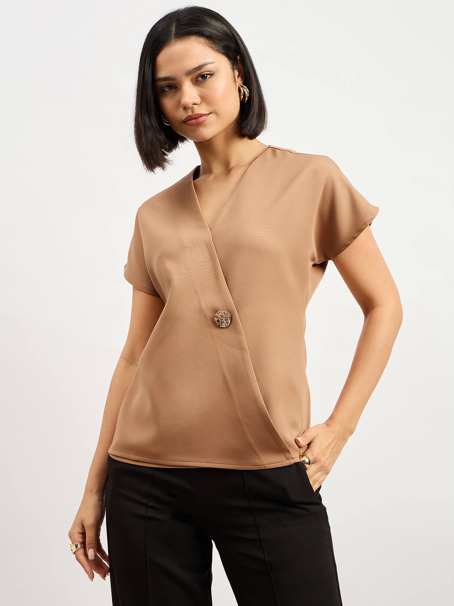 Brogia Overlap Embellished Top - Beige