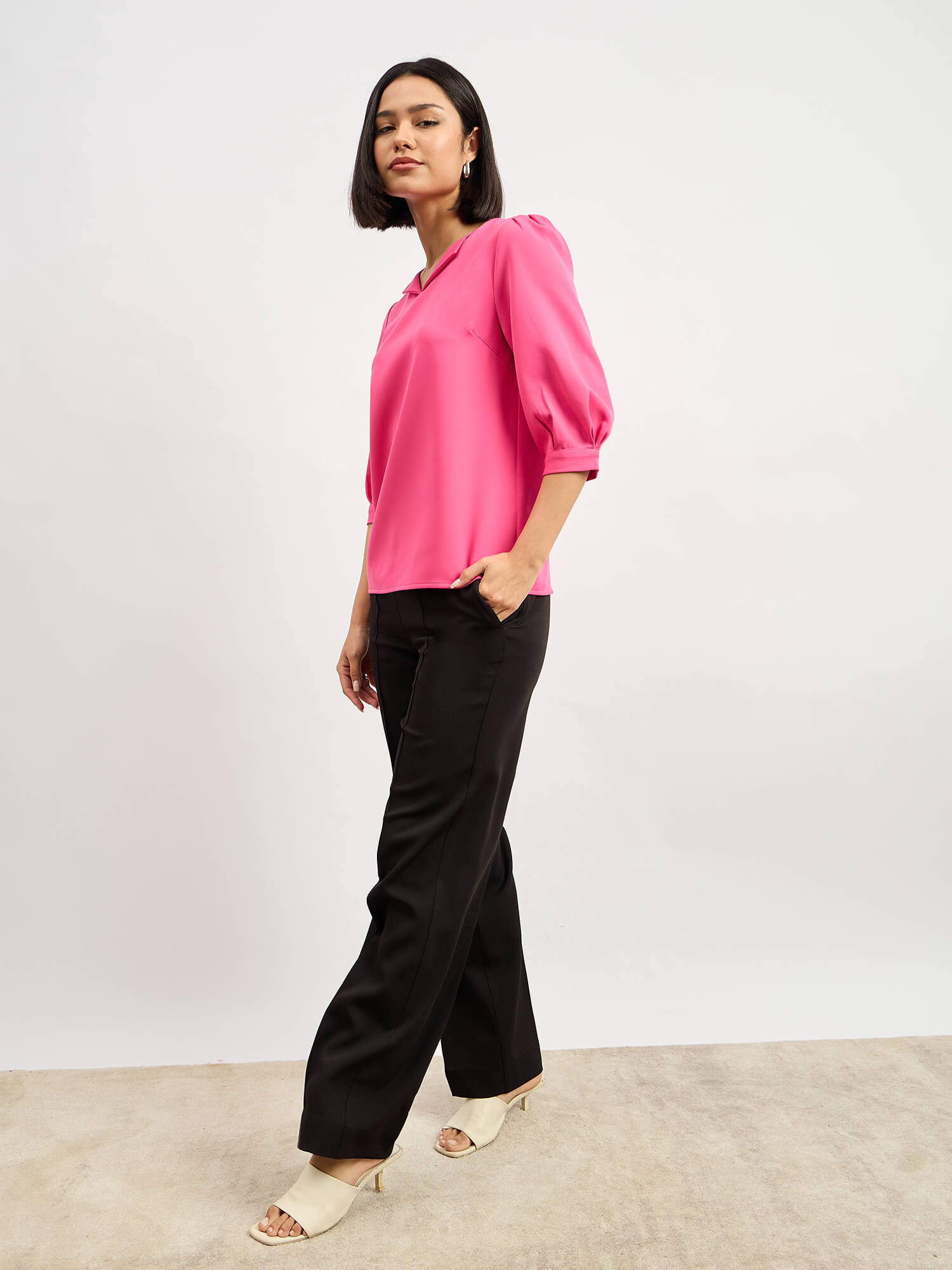 Iridium Puffed Sleeves Top - Hot Pink