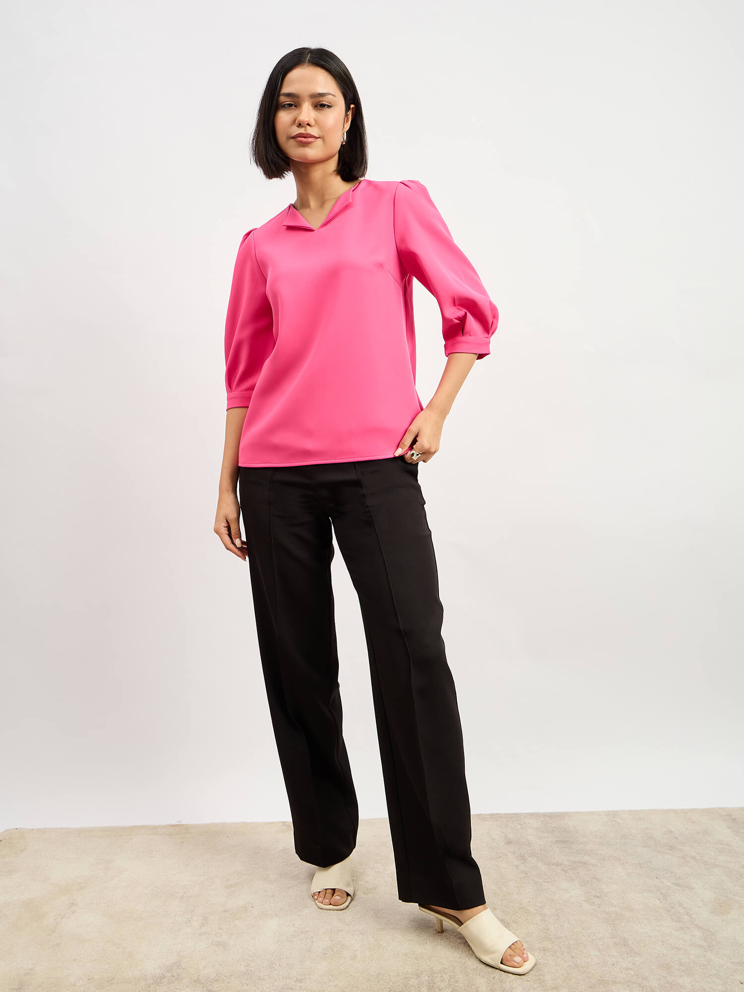 Iridium Puffed Sleeves Top - Hot Pink