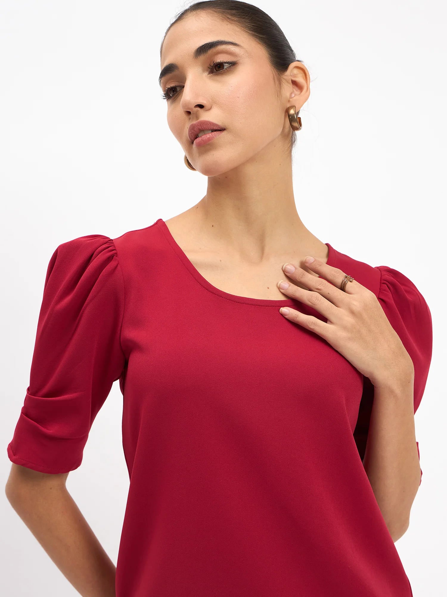 Jaunty Puffed Sleeves Top - Red