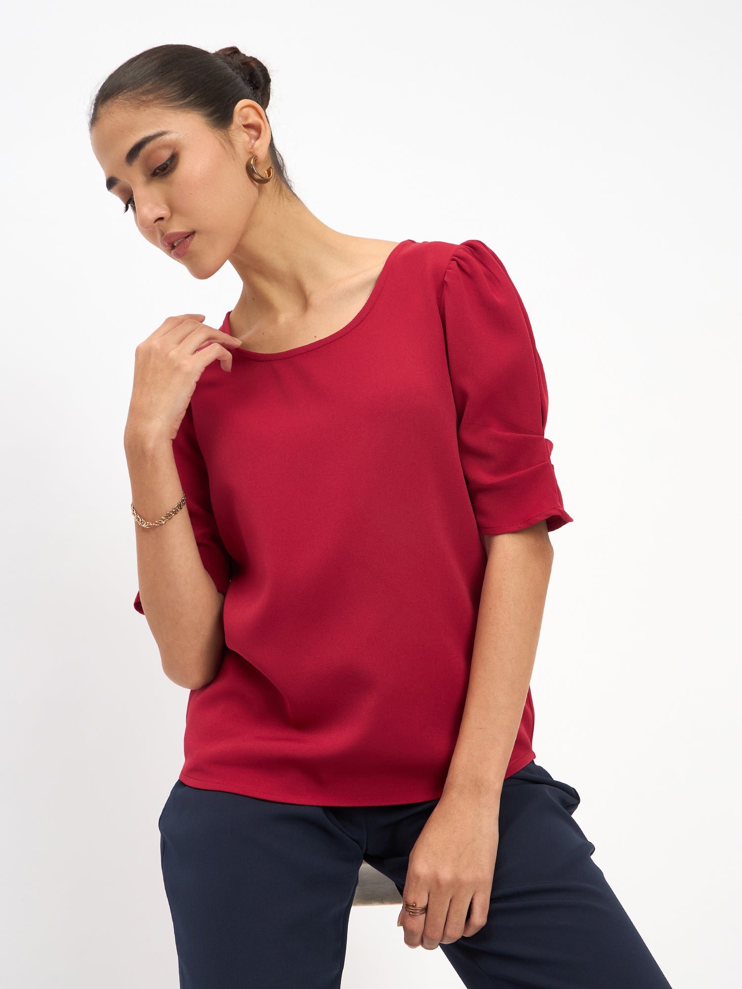 Jaunty Puffed Sleeves Top - Red