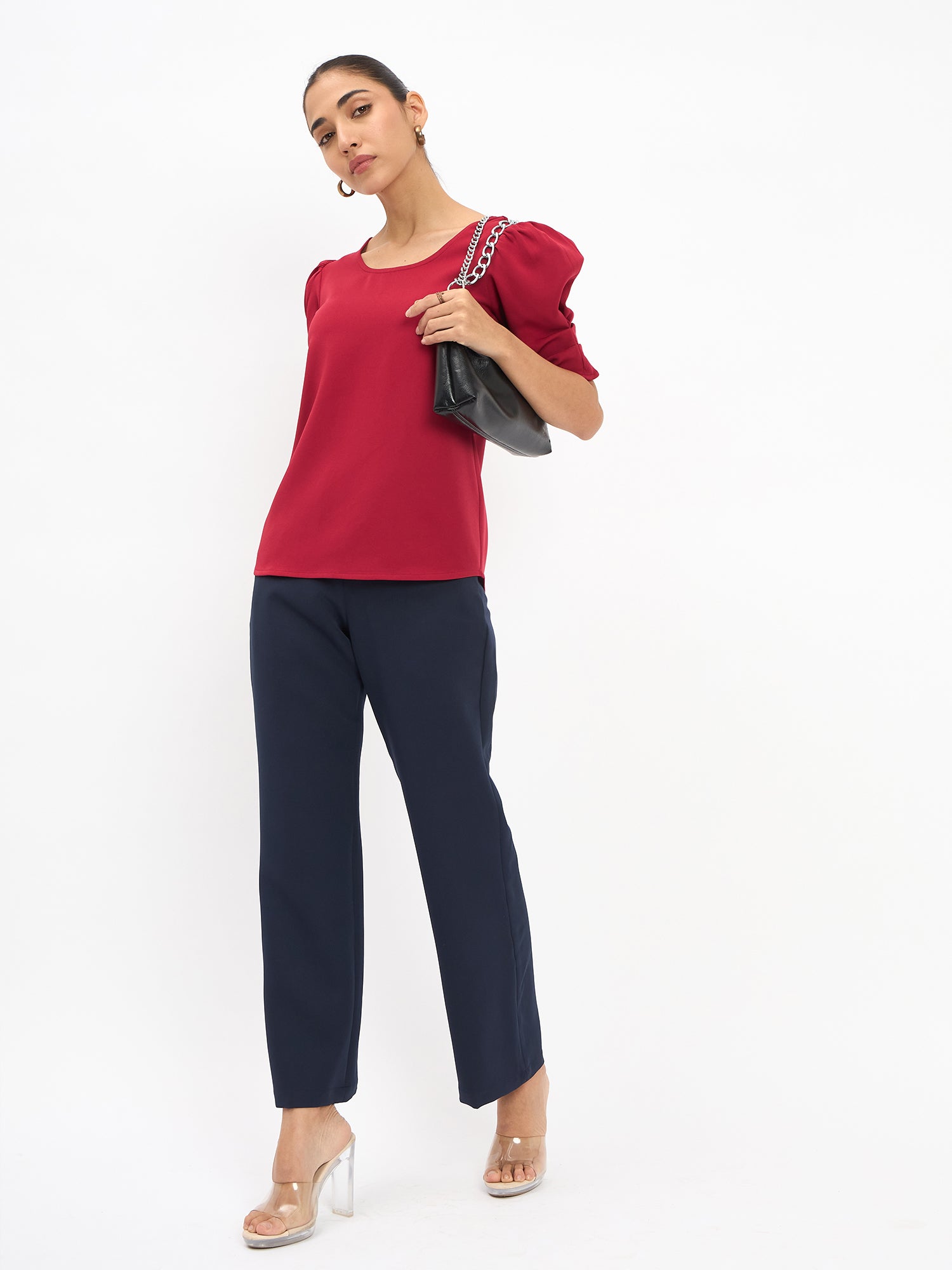 Jaunty Puffed Sleeves Top - Red