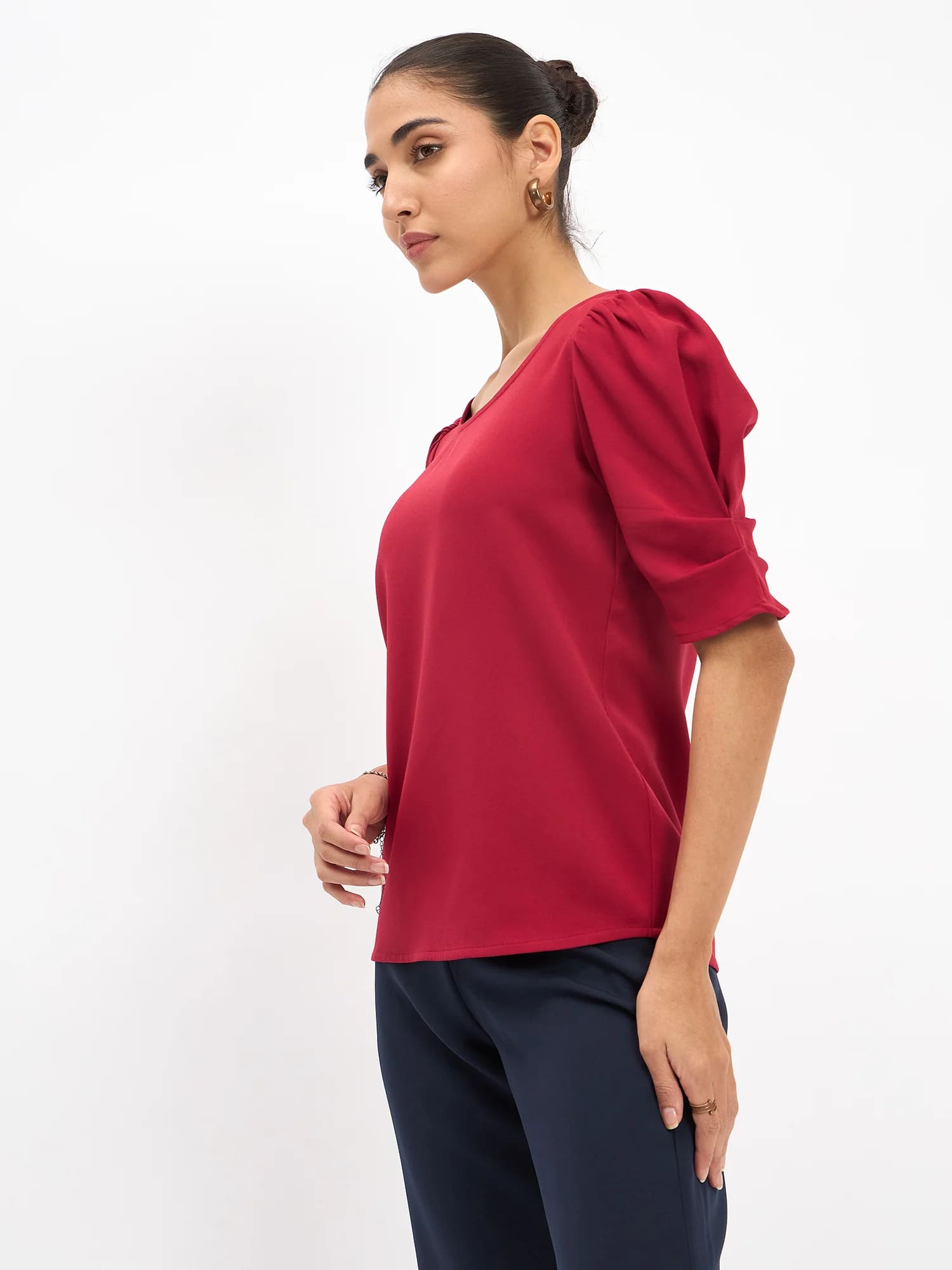 Jaunty Puffed Sleeves Top - Red