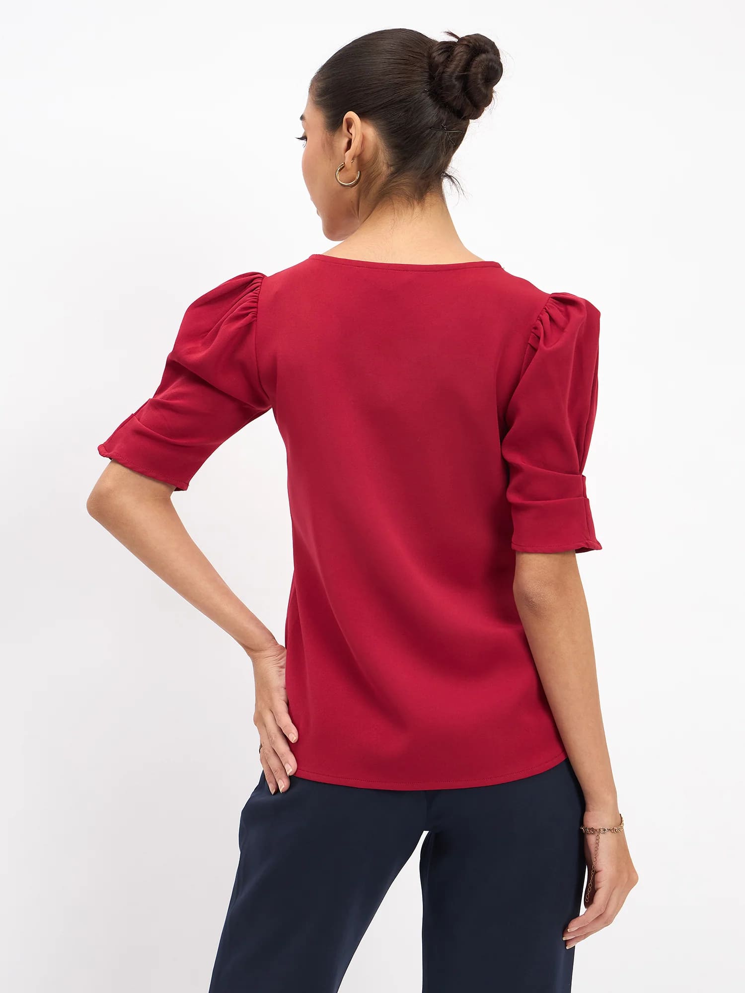 Jaunty Puffed Sleeves Top - Red