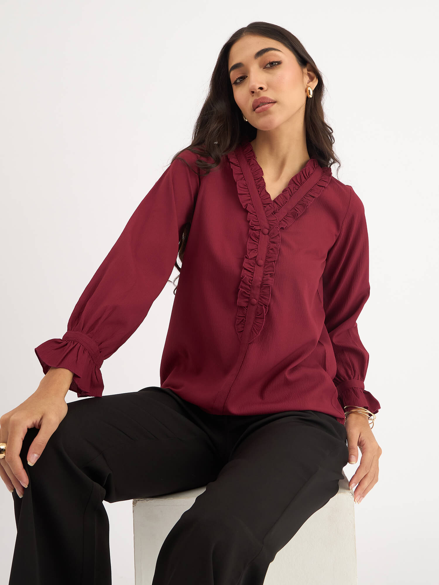 Lizzie Ruffled Neck Top - Maroon