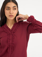 Lizzie Ruffled Neck Top - Maroon