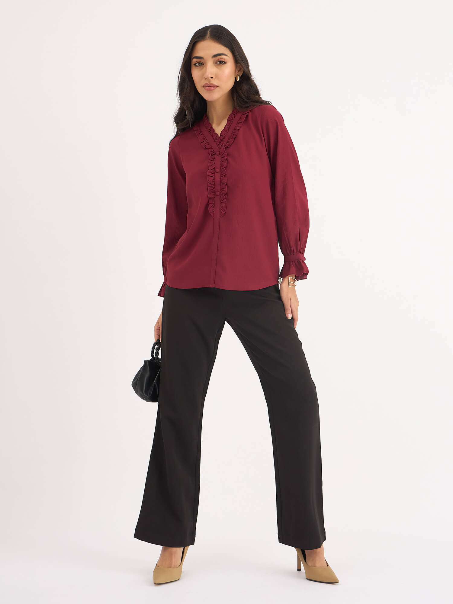 Lizzie Ruffled Neck Top - Maroon