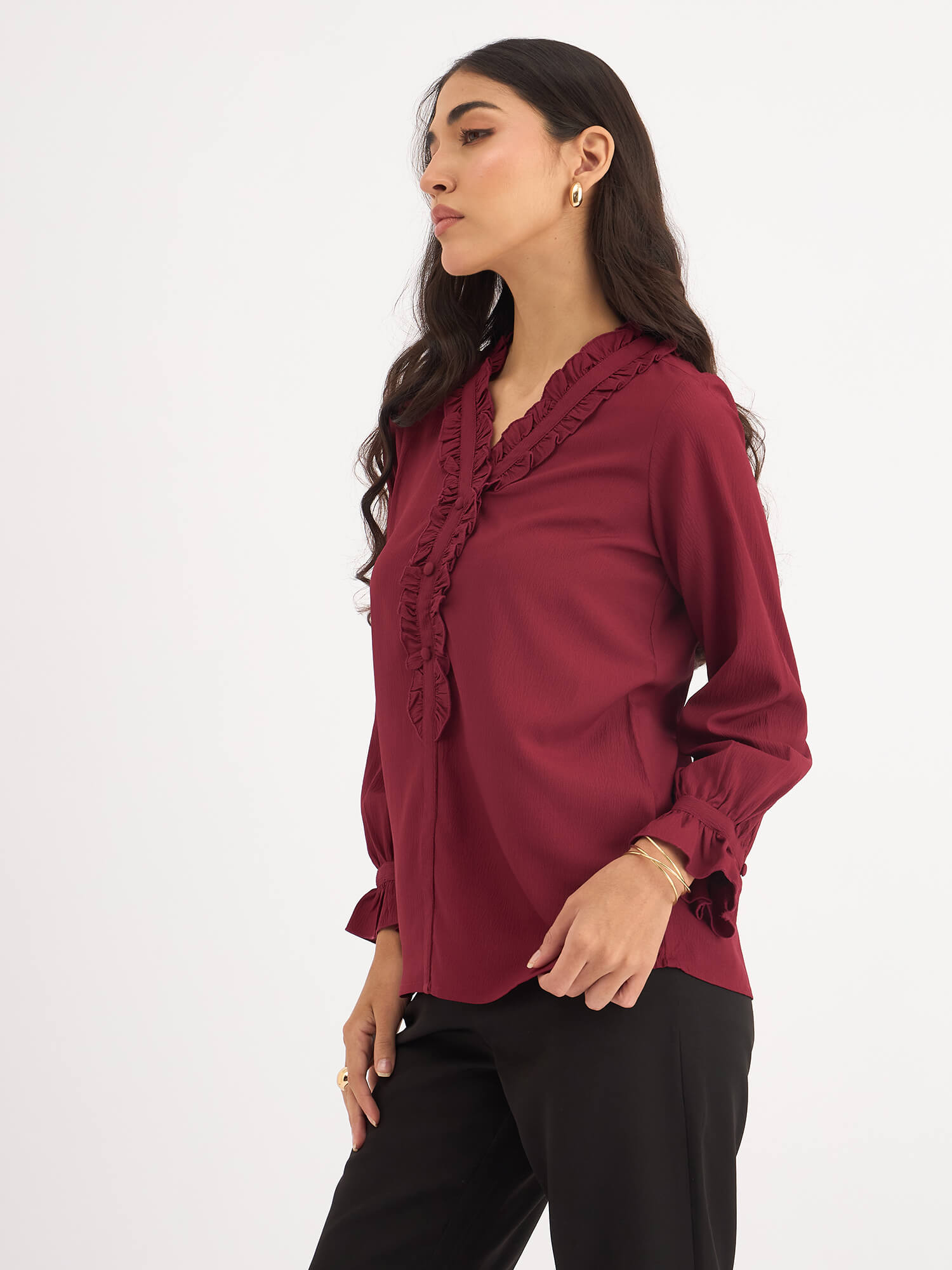 Lizzie Ruffled Neck Top - Maroon