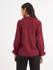 Lizzie Ruffled Neck Top - Maroon