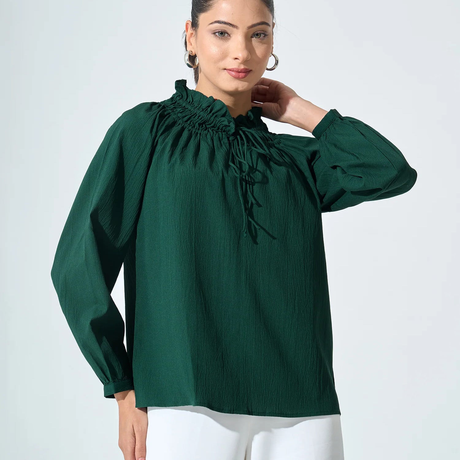 Mossy Smocked Neckline Top - Dark Green