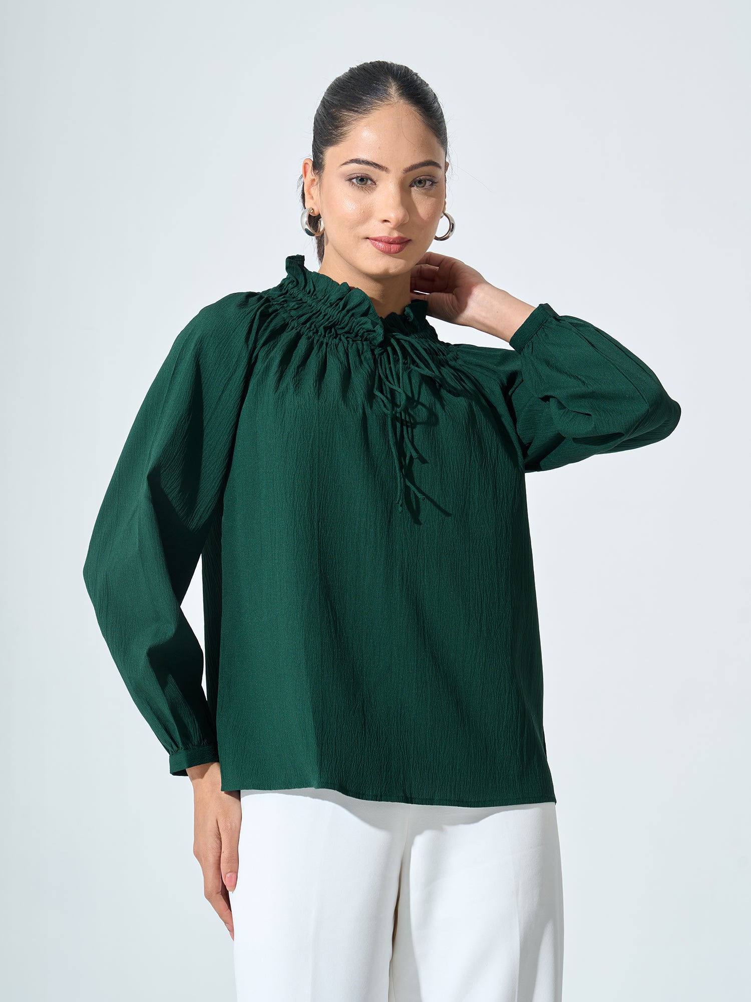 Mossy Smocked Neckline Top - Dark Green