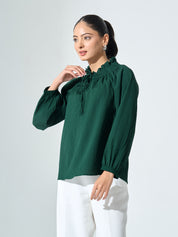 Mossy Smocked Neckline Top - Dark Green