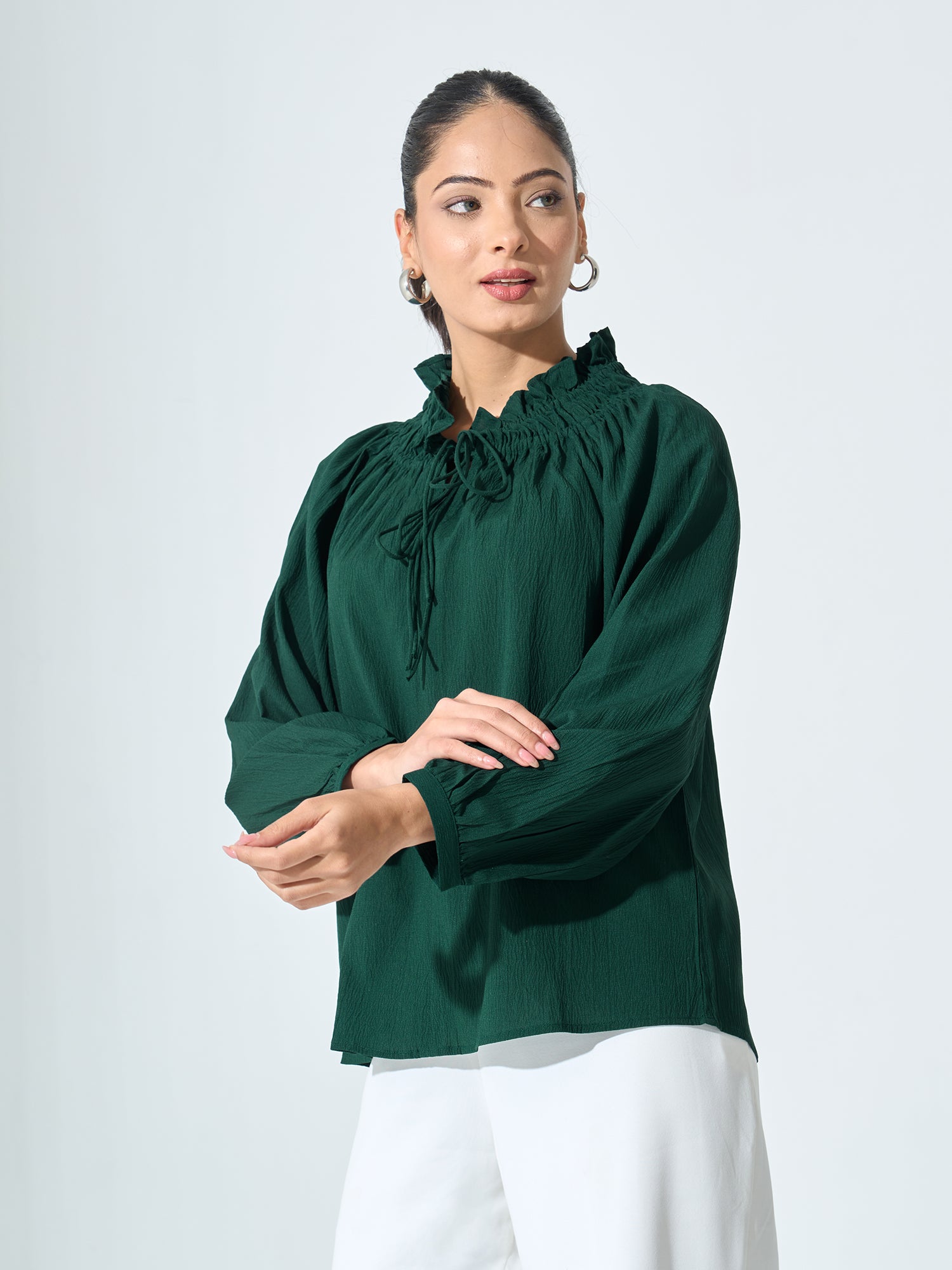 Mossy Smocked Neckline Top - Dark Green