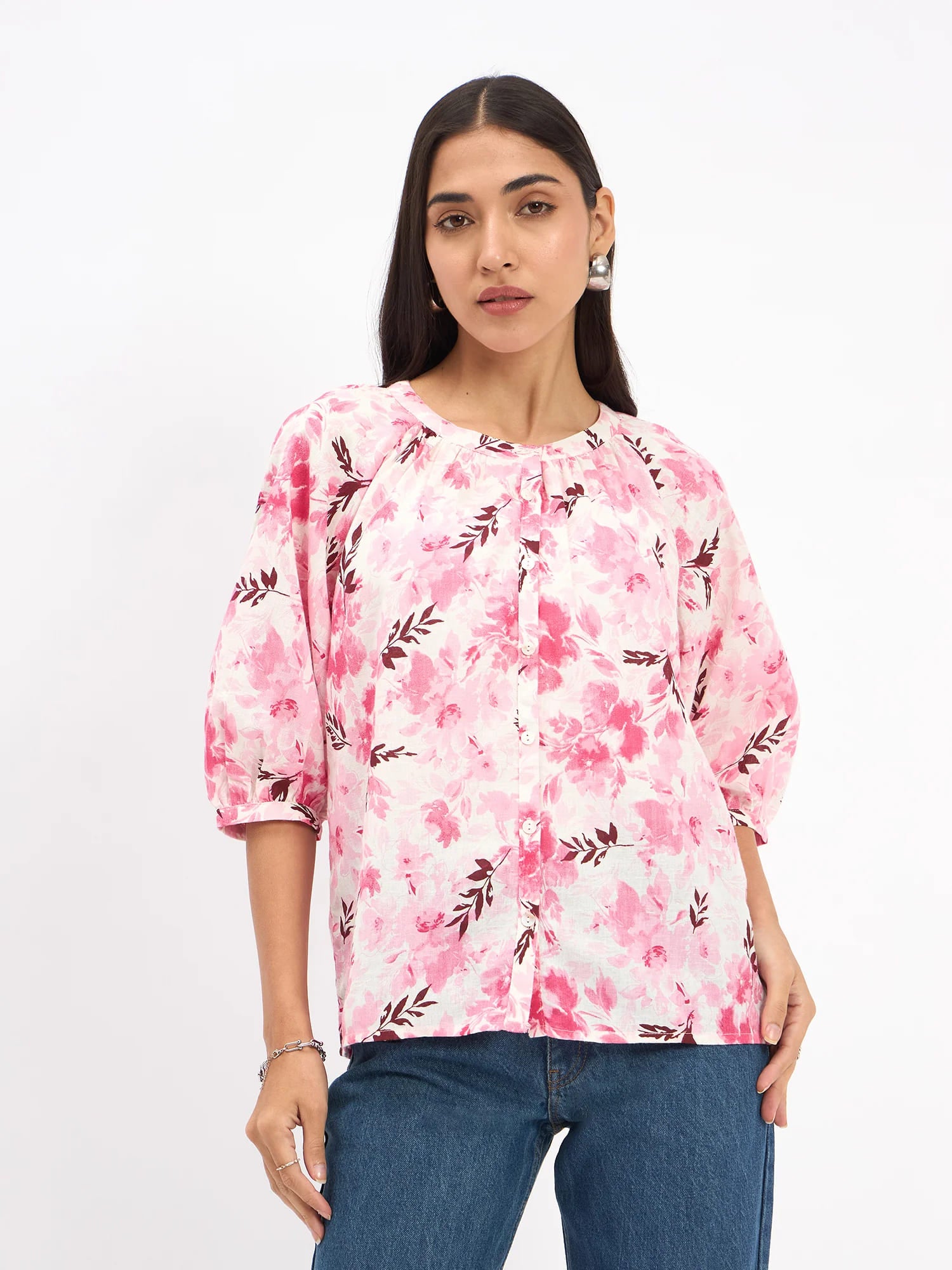 Flake Button Down Top - Pink & White