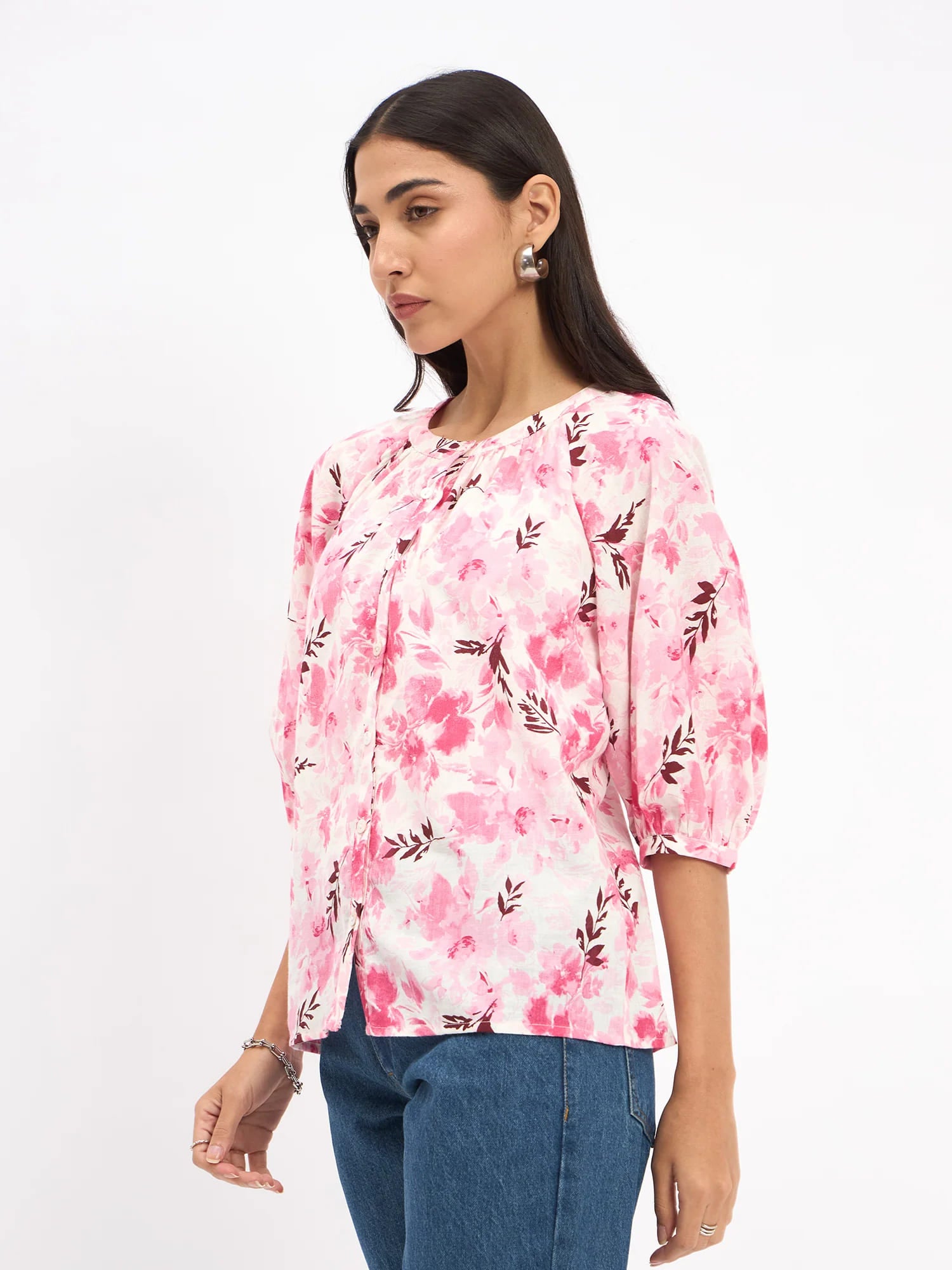 Flake Button Down Top - Pink & White