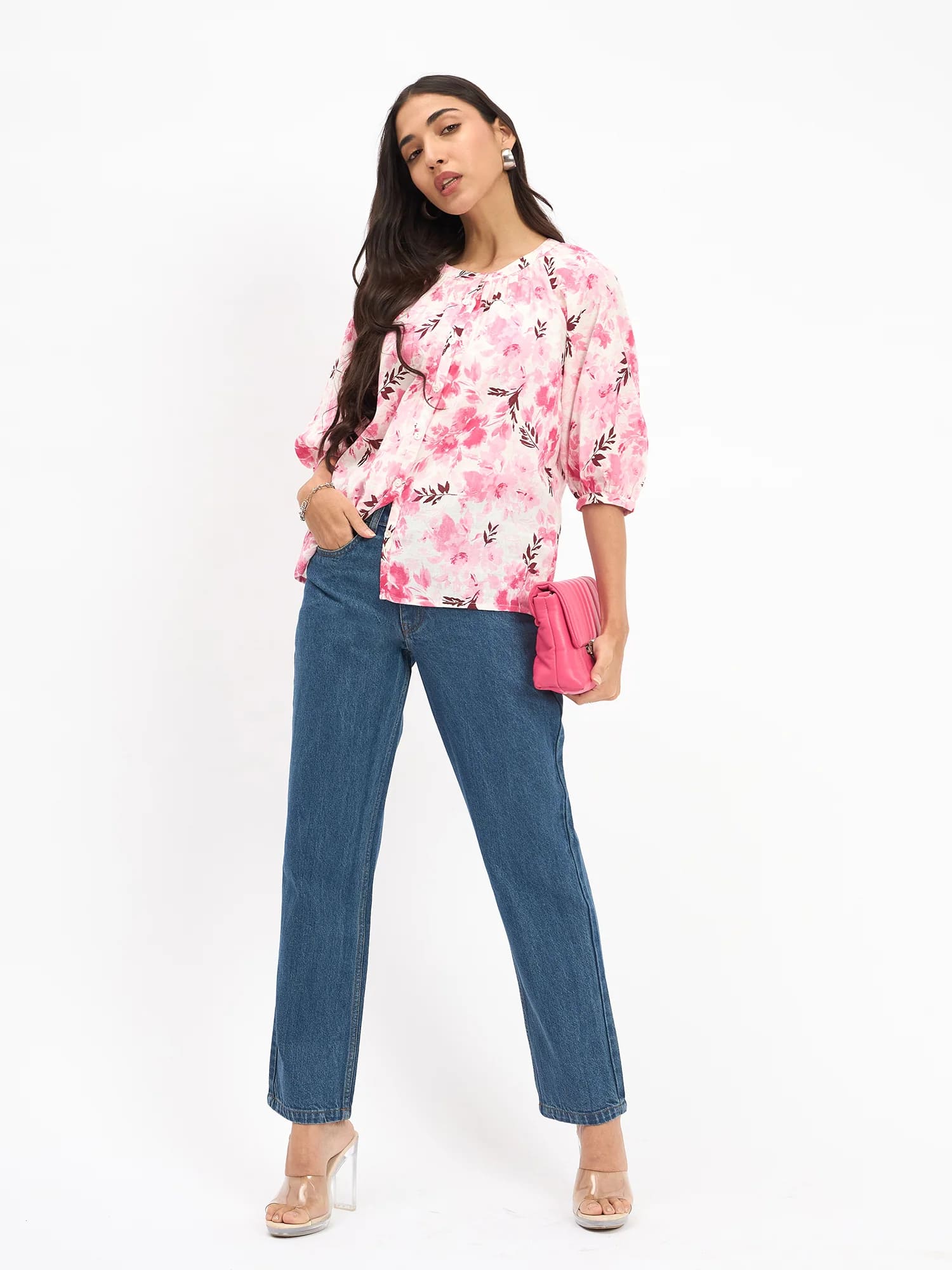 Flake Button Down Top - Pink & White