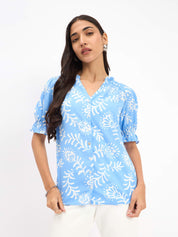 Shelly Floral Ruffled Neckline Top - Blue