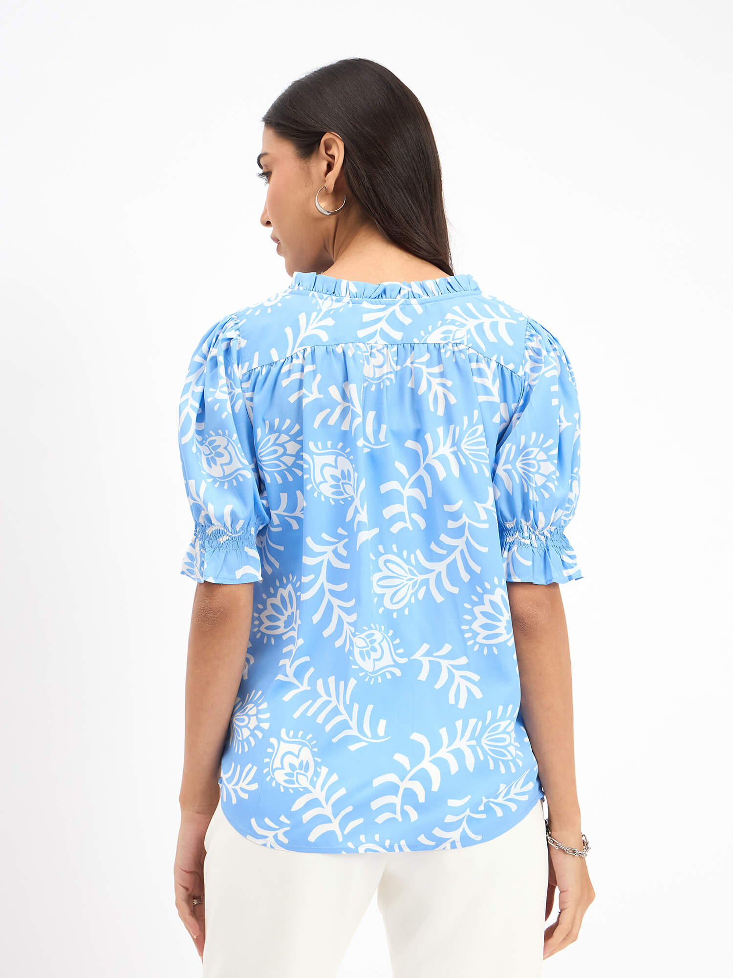 Shelly Floral Ruffled Neckline Top - Blue