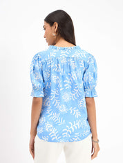 Shelly Floral Ruffled Neckline Top - Blue