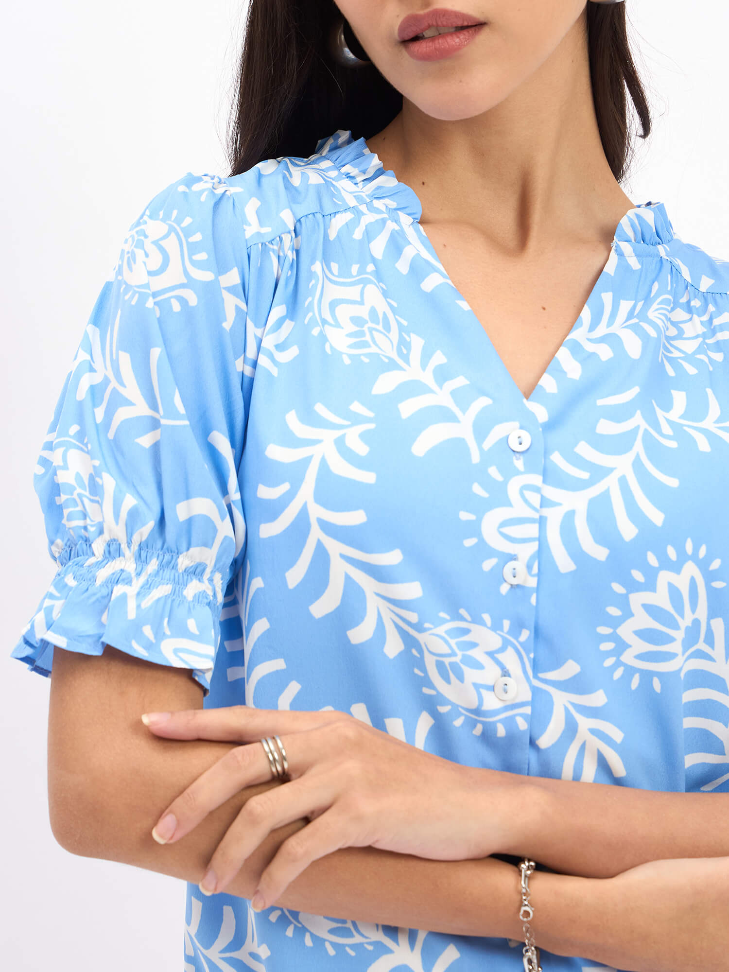 Shelly Floral Ruffled Neckline Top - Blue