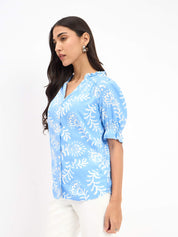 Shelly Floral Ruffled Neckline Top - Blue