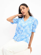 Shelly Floral Ruffled Neckline Top - Blue