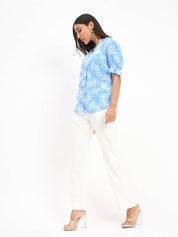 Shelly Floral Ruffled Neckline Top - Blue