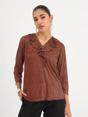 Midnight Kiss Ruffled Neckline Top - Rust