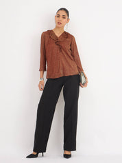 Midnight Kiss Ruffled Neckline Top - Rust