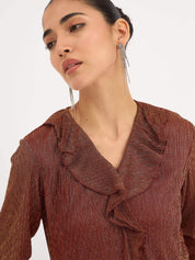 Midnight Kiss Ruffled Neckline Top - Rust