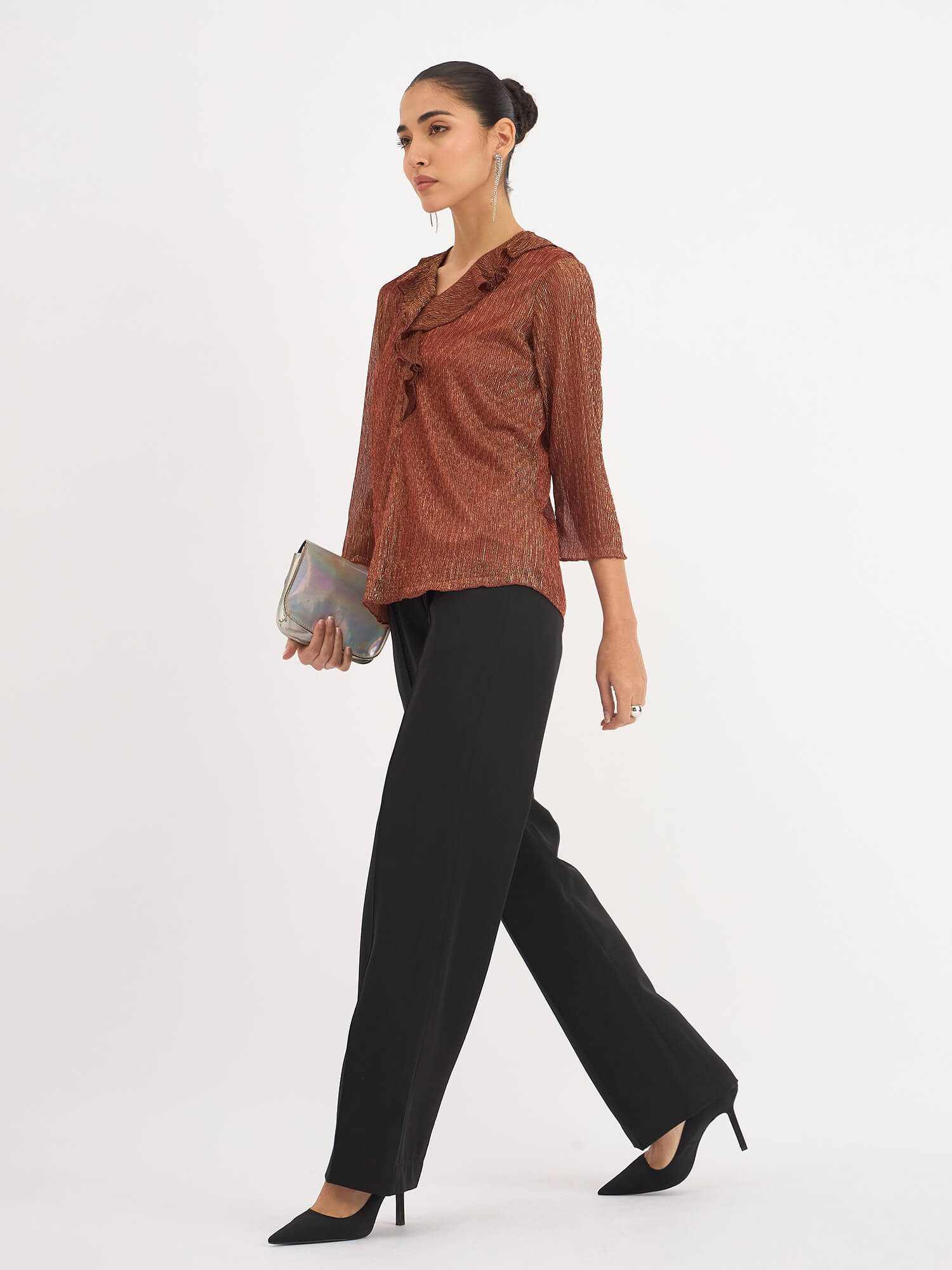 Midnight Kiss Ruffled Neckline Top - Rust
