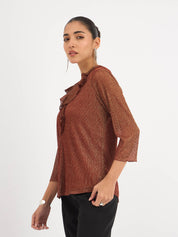 Midnight Kiss Ruffled Neckline Top - Rust