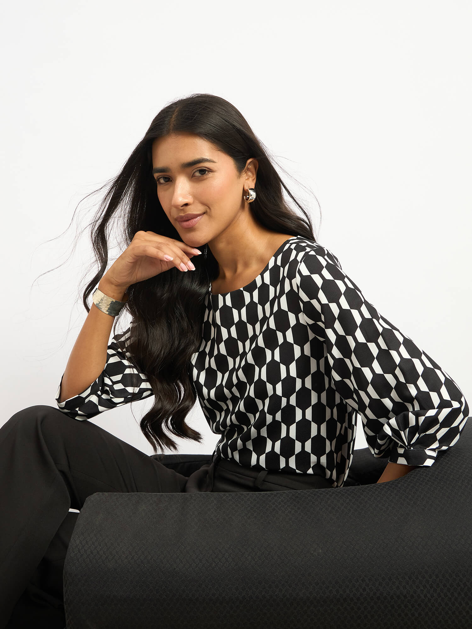 Apex Boat Neck Print Top - Black & White