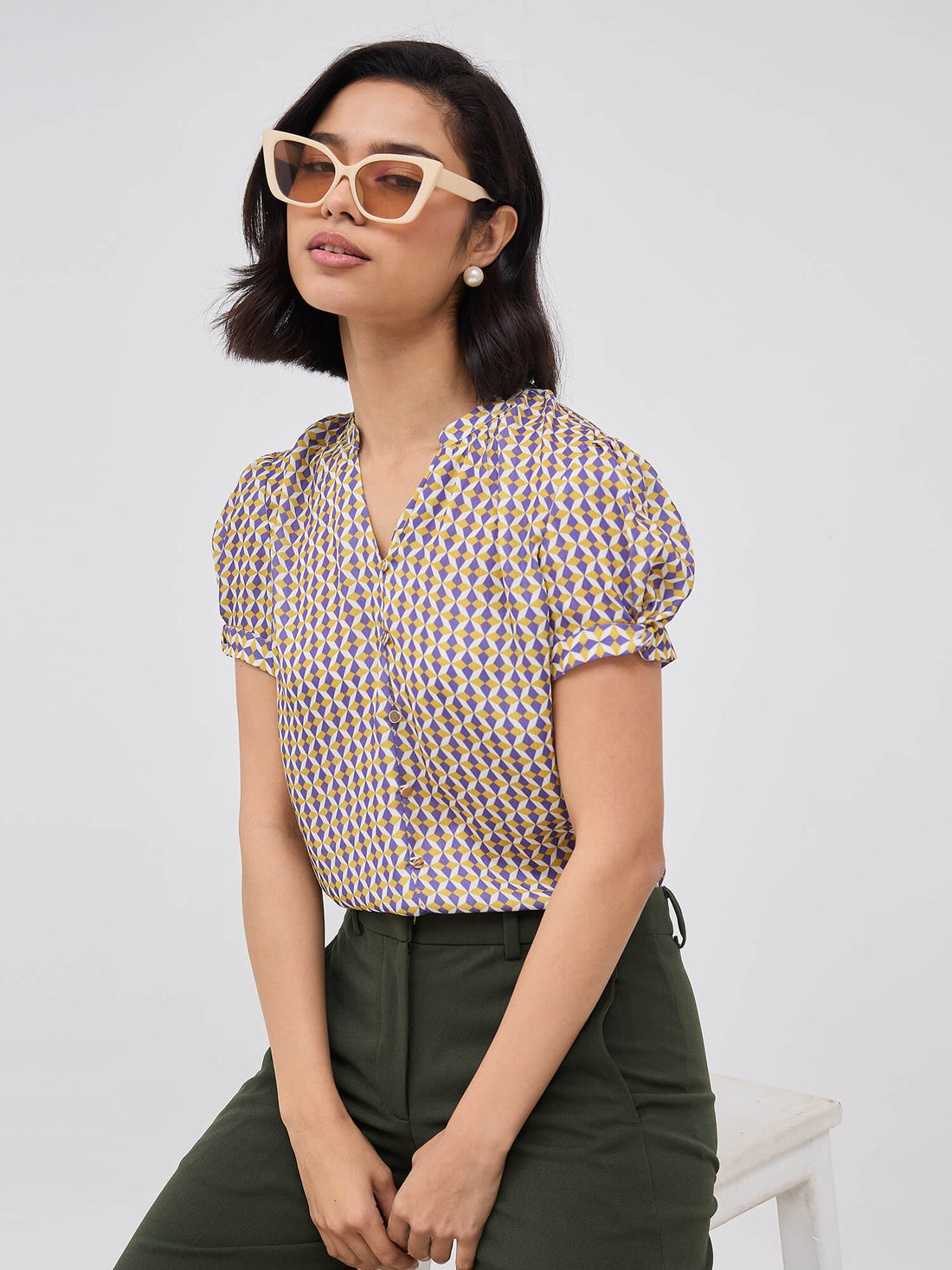 Cluster Embellished Puff Sleeve Top-Multi