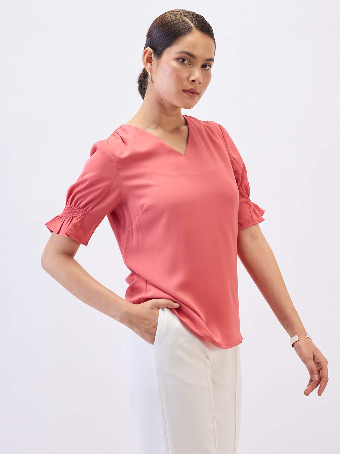 Peachin Mimosa Smocked Sleeves Top-Coral