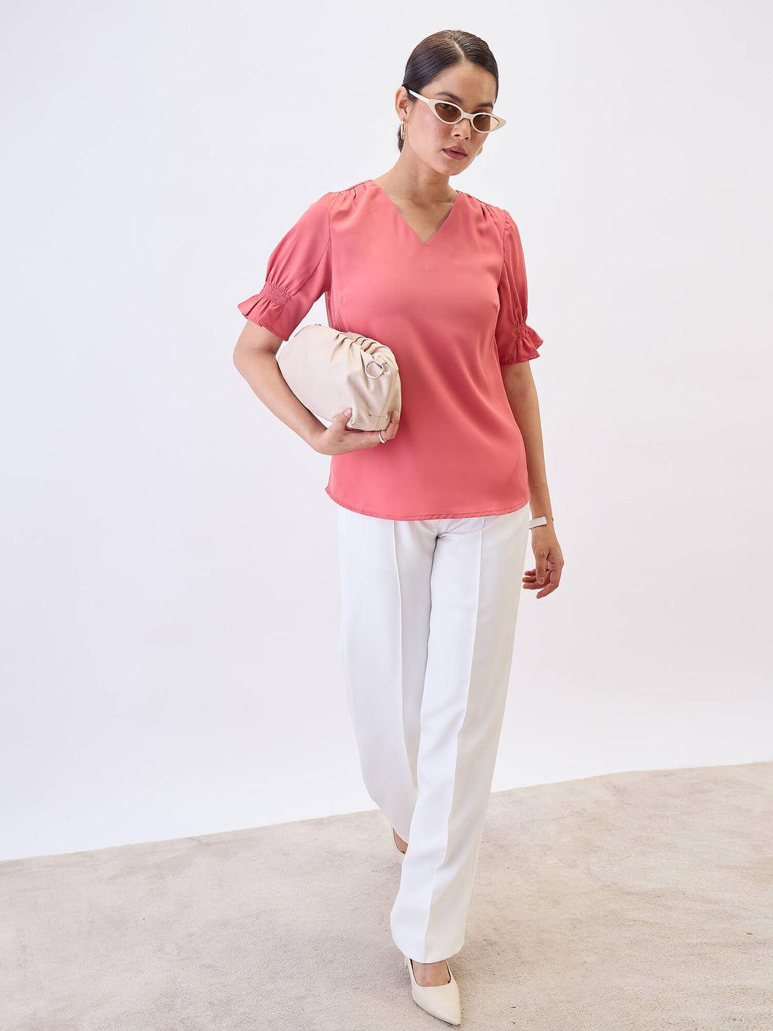 Peachin Mimosa Smocked Sleeves Top-Coral