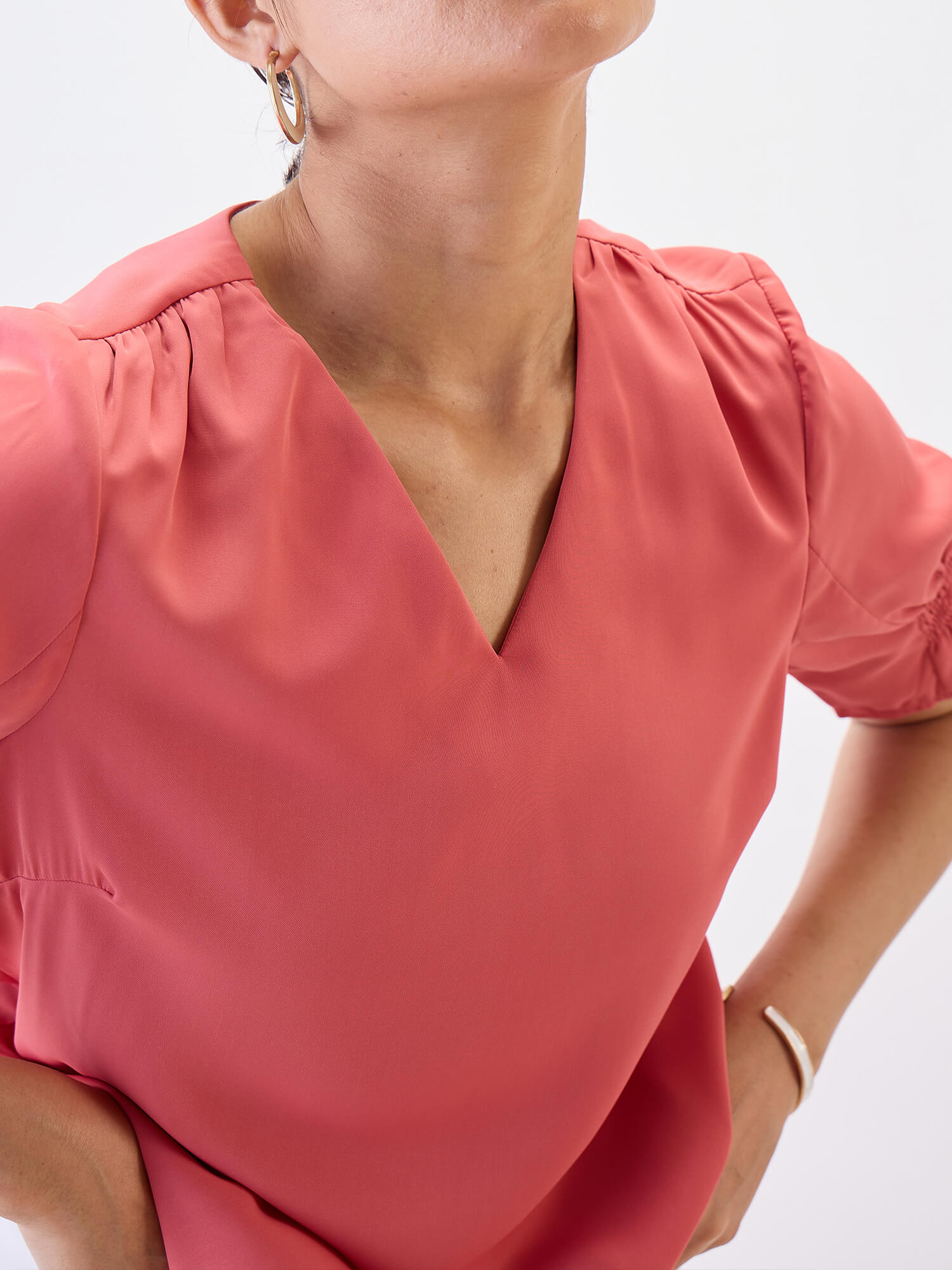 Peachin Mimosa Smocked Sleeves Top-Coral