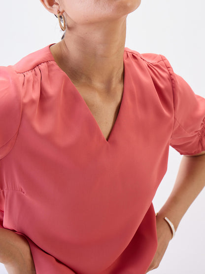 Peachin Mimosa Smocked Sleeves Top-Coral