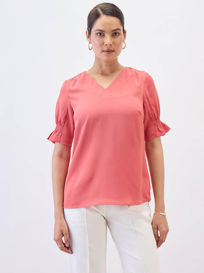 Peachin Mimosa Smocked Sleeves Top-Coral