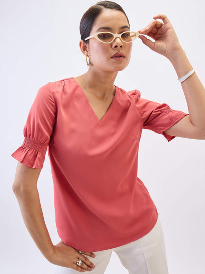 Peachin Mimosa Smocked Sleeves Top-Coral