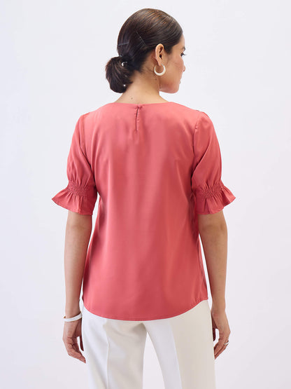 Peachin Mimosa Smocked Sleeves Top-Coral