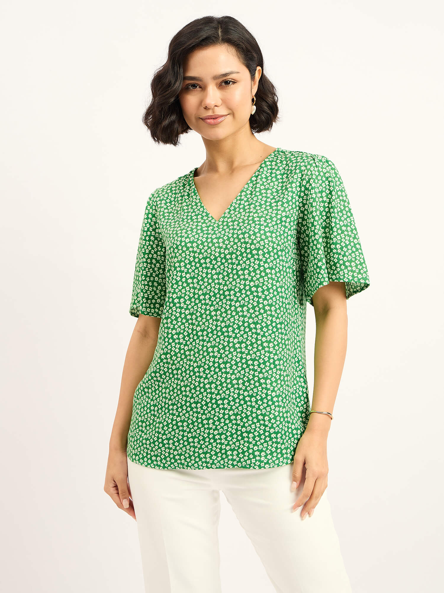 Siren Green Floral Sleeves Top - Green & White