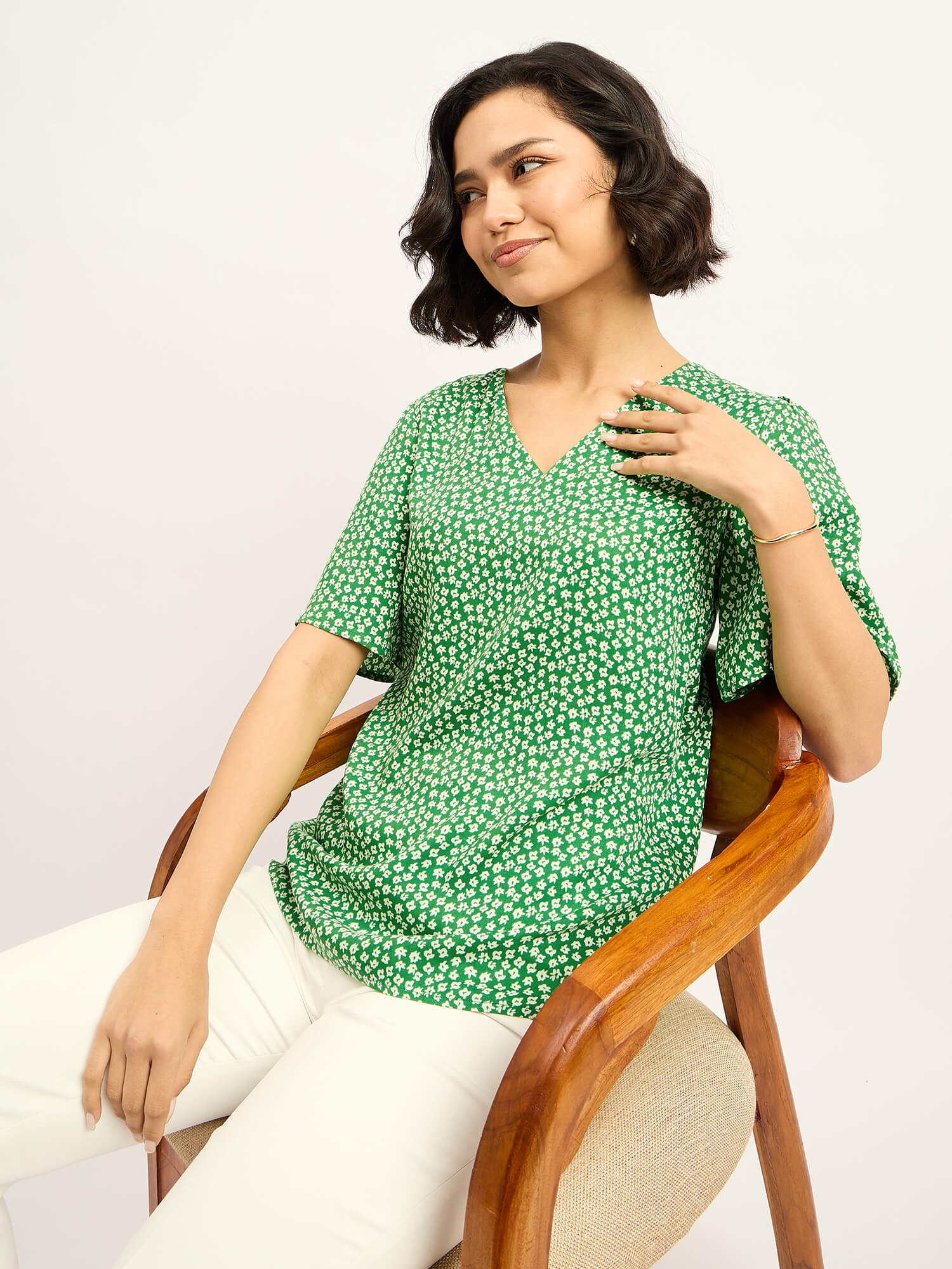 Siren Green Floral Sleeves Top - Green & White