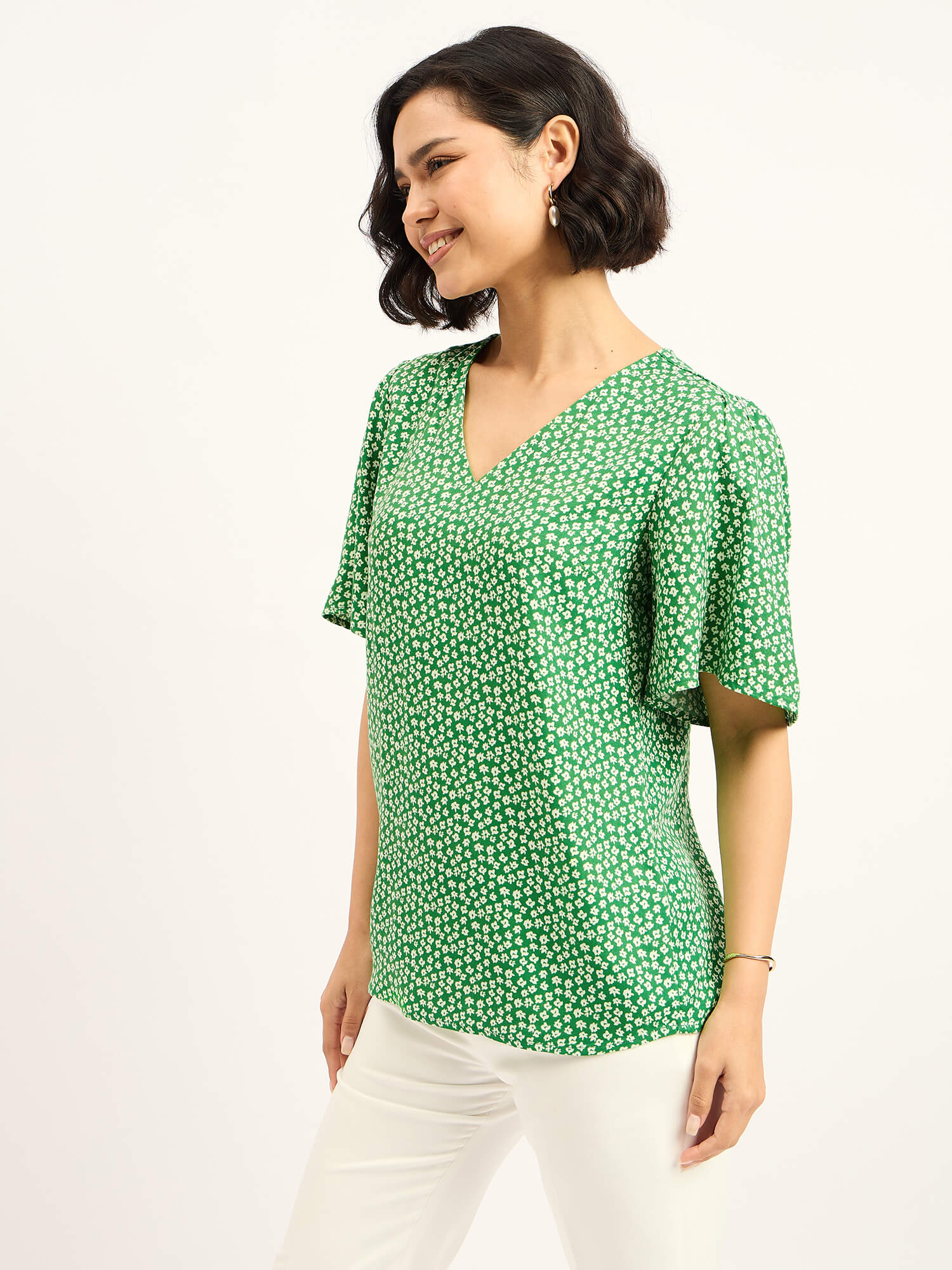 Siren Green Floral Sleeves Top - Green & White