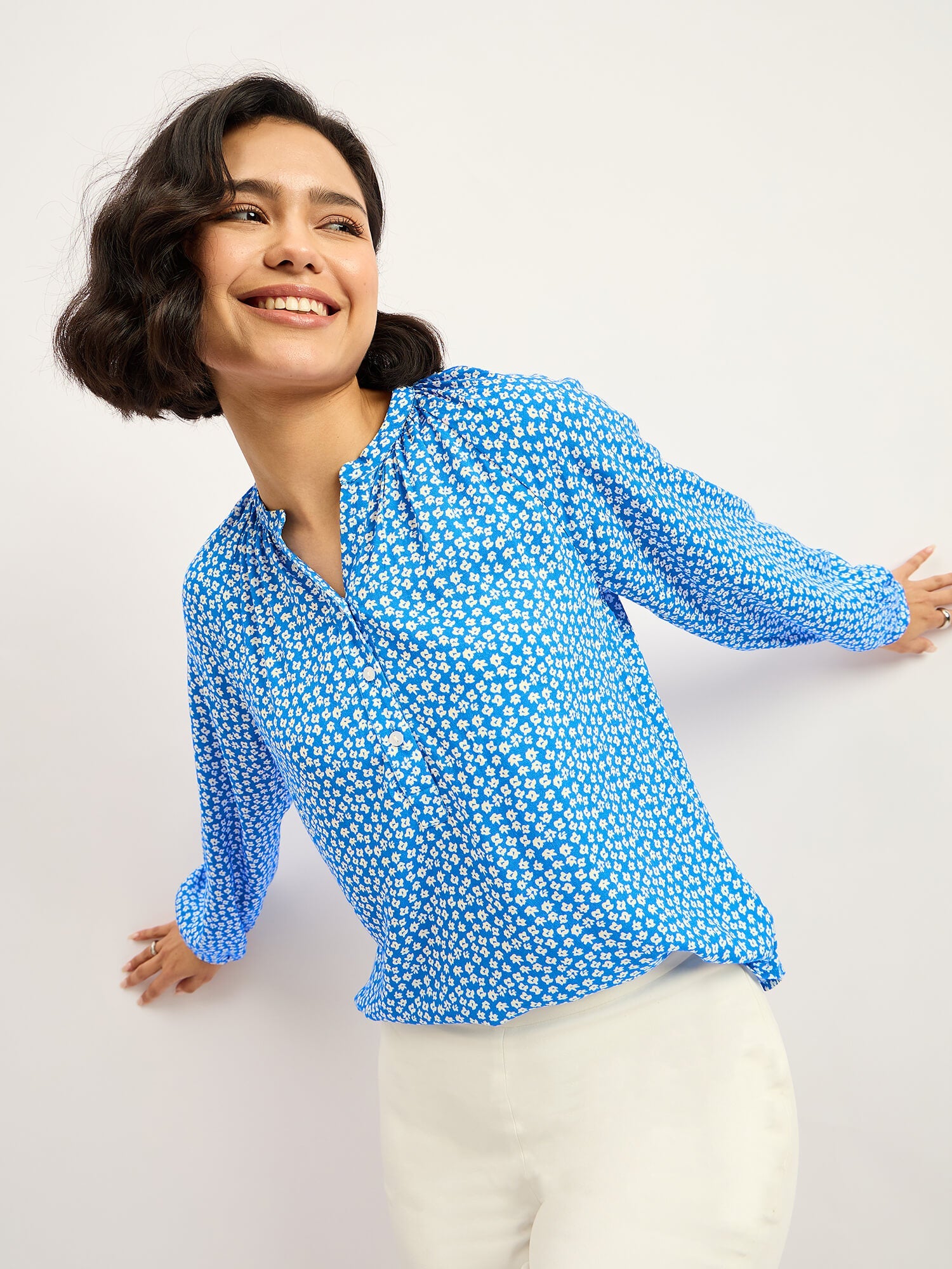 Scilla Balloon Sleeve Top - Blue &amp; White