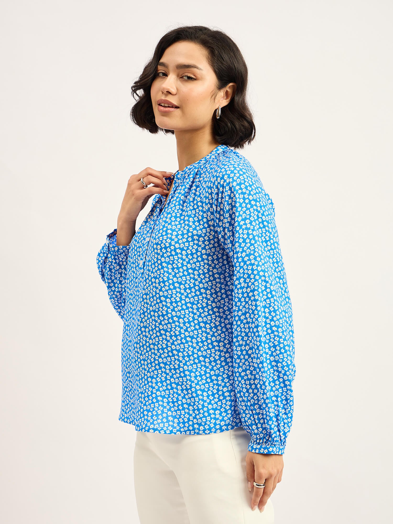 Scilla Balloon Sleeve Top - Blue & White