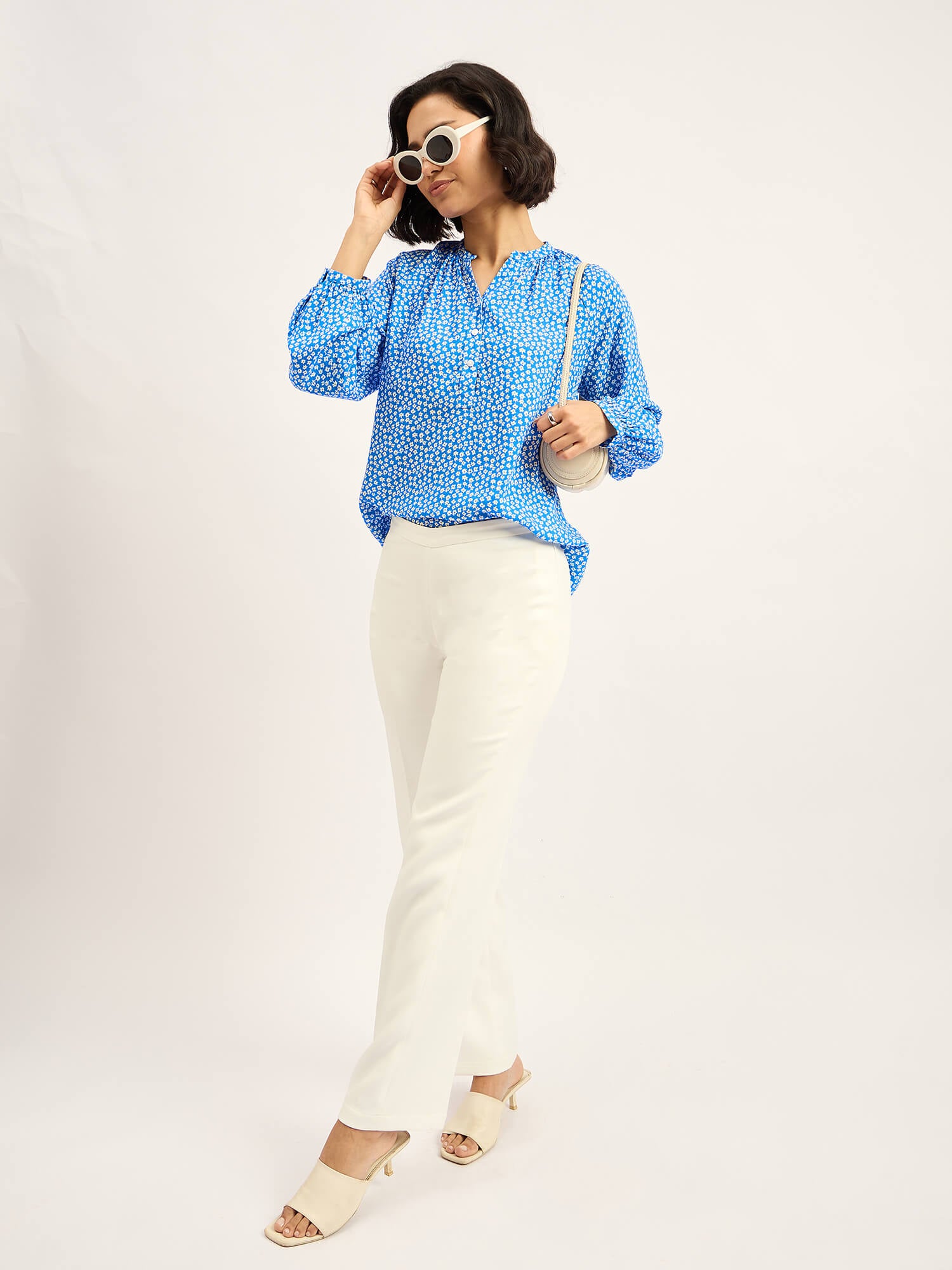 Scilla Balloon Sleeve Top - Blue & White