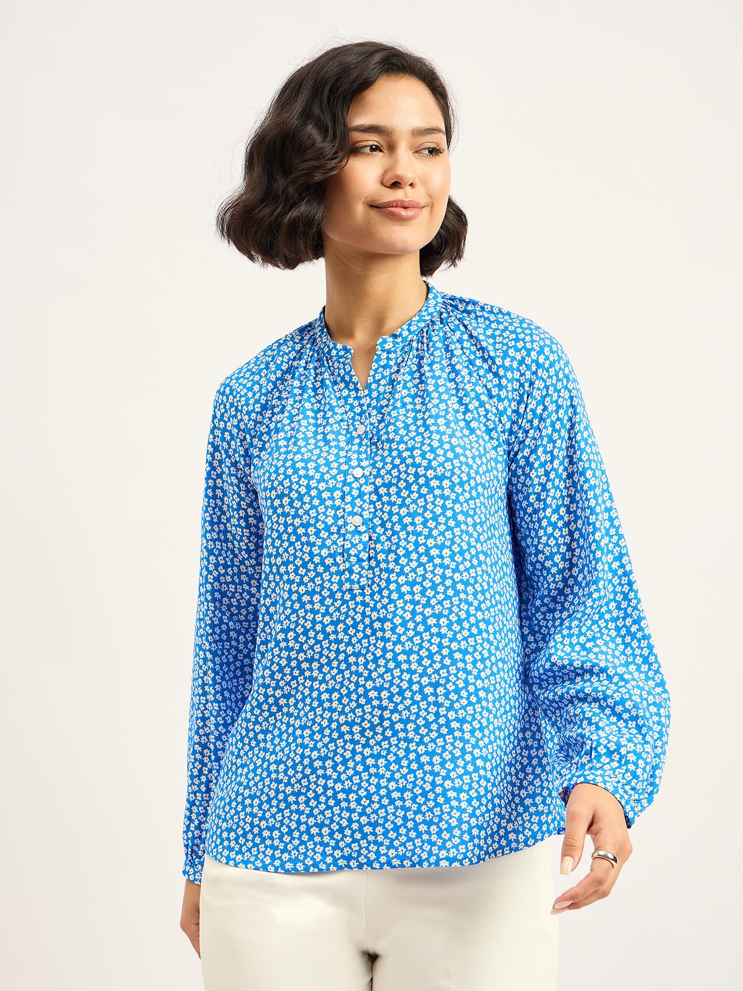 Scilla Balloon Sleeve Top - Blue &amp; White