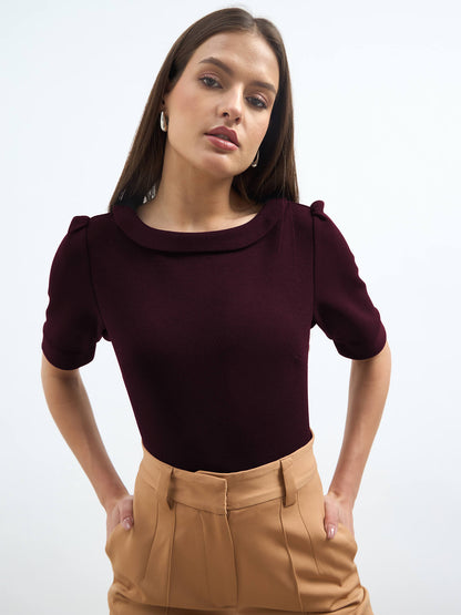 Chia Turn up collar polka top - Maroon