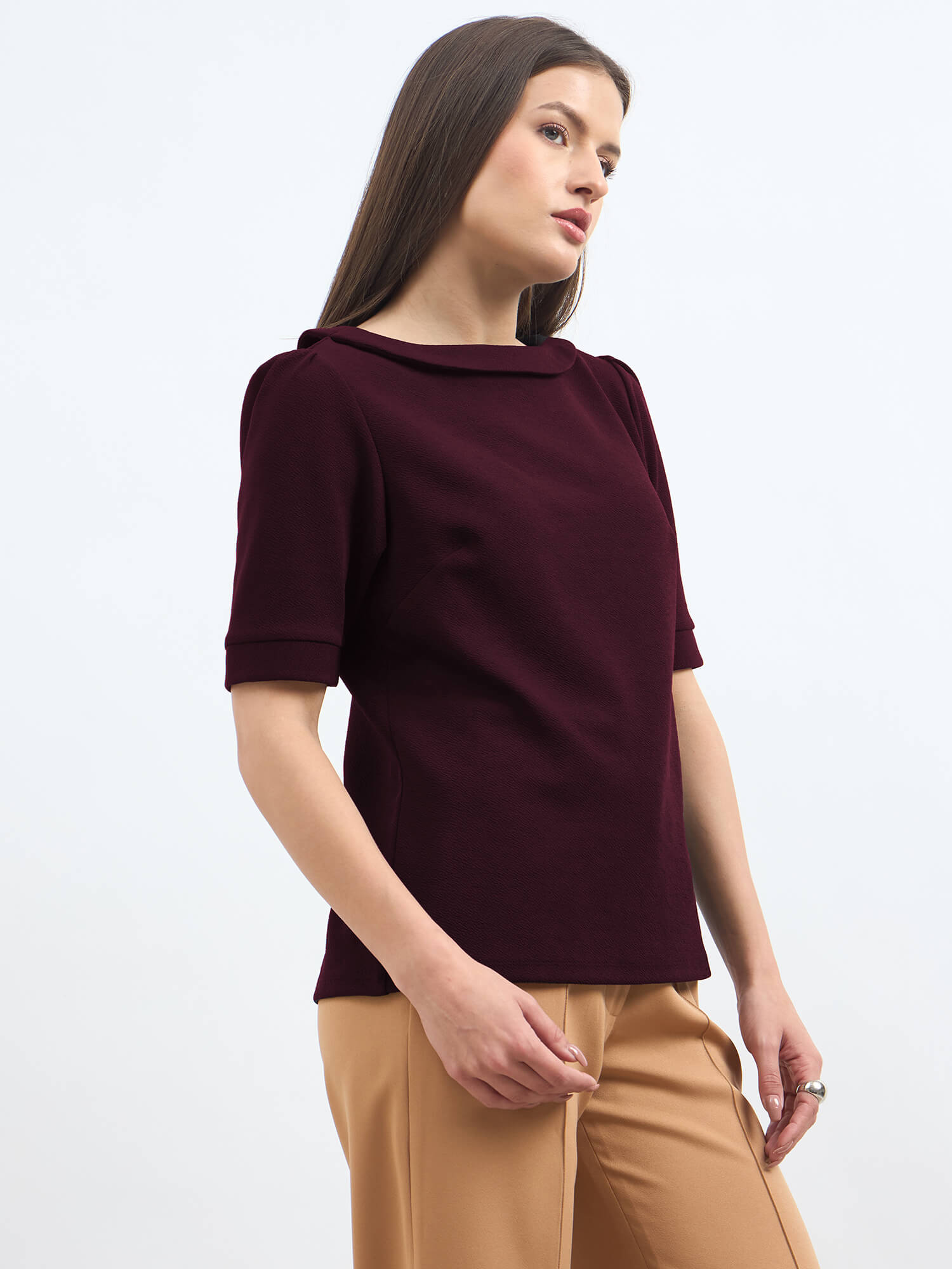 Chia Turn up collar polka top - Maroon